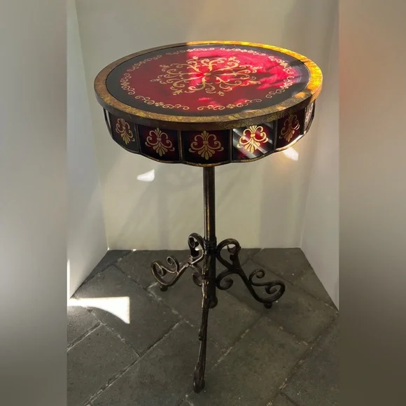 Gold &Red Italian Florentine Style Metal Round Pedestal Accent Table 16”x27”H